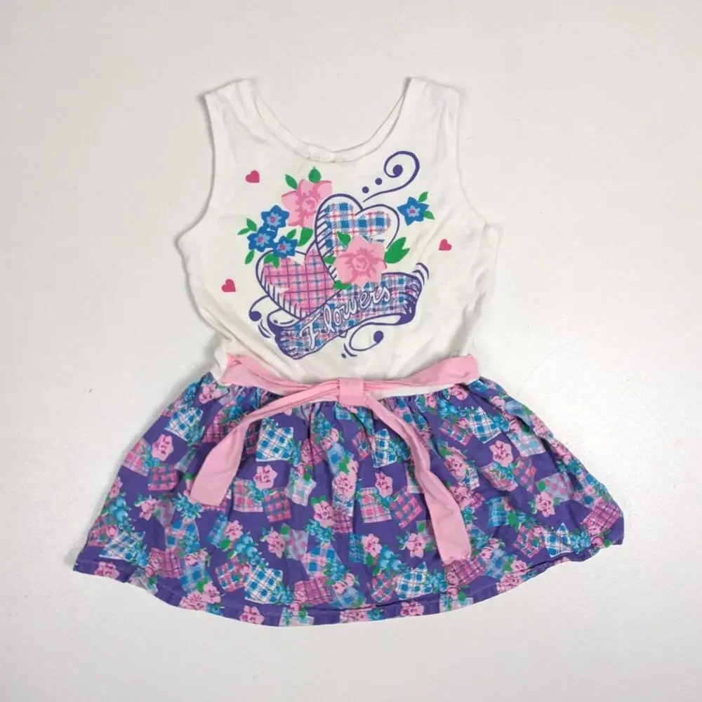 Vtg Dress 90s Girls Sz 2T Purple Floral Heart Casual Graphic Sundress